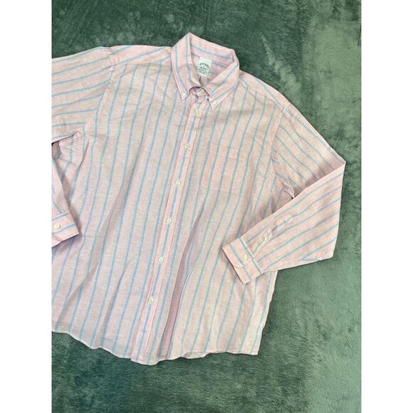 Men's Brooks Brothers XL pink and blue striped linen long sleeve button up  Exc - Picture 6 of 9